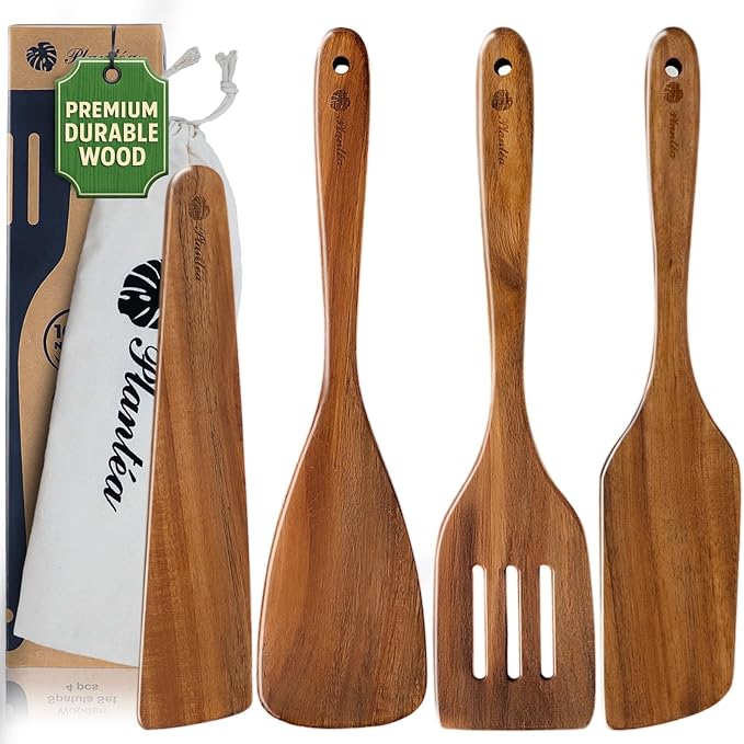 Wooden Spatula for Cooking – 4 Piece Acacia Wood Spatula for Non-Stick Cookware – Durable & Easy to Clean - Comfortable Handle, Ideal Kitchen Gift