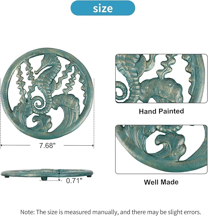 Cast Iron Trivet, Heavy Duty Pot Holder, Seahorse Seagrass Design, Heat Resistant Decorative Kitchen Dining Table Accessory for Hot Pans, Coffee Pots, BBQ