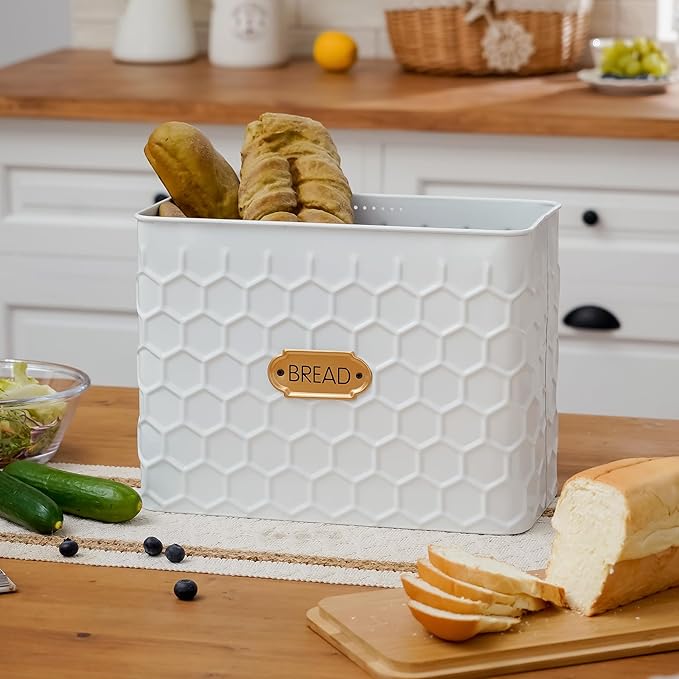 Extra Large Bread Box for Kitchen Countertop Corner Breadbox for Homemade Bread Metal White Honeycomb Pattern Embossed Bread Storage Container Bin with Bamboo Lid Fits 2 Loaves of Bread
