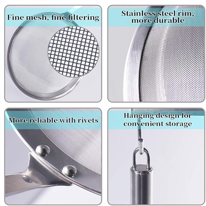 Newness Fine Mesh Strainer Set of 5 with Handle, 304 Fine Mesh Stainless Steel Colander, Wire Strainers for Kitchen, Fat Oil Strainer Skimmer Spoon, Durable Metal Multipurpose for Food, Rice, Quinoa