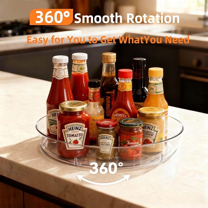 Lazy Susan Turntable for Spice Organization | Clear BPA-Free Plastic Rotating Organizer for Kitchen Cabinet, Pantry, Countertop, Fridge | 360-Degree Rotating Base (10 inch - 8 Pack)