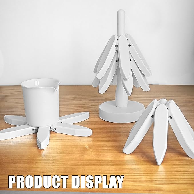 Wooden Trivets for Hot Dishes, Tree Shape Trivet Set, 4 Walnut Wood + 1 Stand stored Like a Christmas Tree,Foldable Kitchen Wooden Trivet,for Hot Dishes、Pot、Bowl、Teapot、Hot Pot Holder (White)