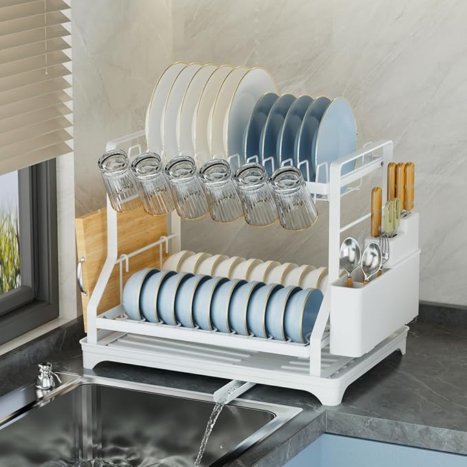 2-Tier Dish Drying Rack, White Metal Large, Space Saving Countertop Mount with Drainboard, Utensil Holder, 16.5x12.7x13.3 Inches