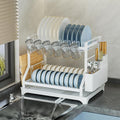 2-Tier Dish Drying Rack, White Metal Large, Space Saving Countertop Mount with Drainboard, Utensil Holder, 16.5x12.7x13.3 Inches