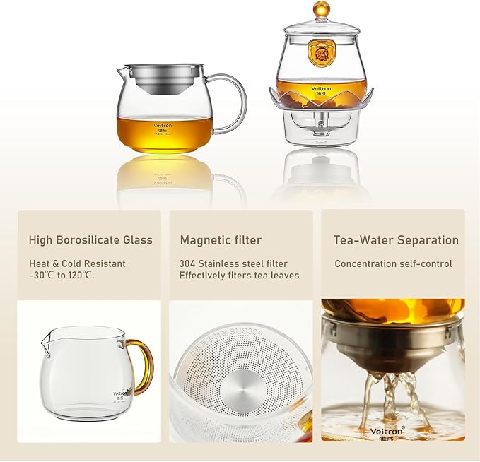 Easy to Soak Tea Pot, Total 560ml (18.94 oz) Glass Teapot with Base, Tea and Water Separation Magic Teapot for Stovetop, Home, Office or Solo Tea Drinking