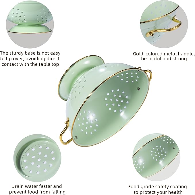 Metal Colander Set of 3, Strainer Basket with Handles perfect for Spaghetti, Pasta, Berry, Vegetable, Fruit, Solid Base Powder Coated Kitchen Essential Strainer Set, 1 & 3.5 & 5 Qt (Green)