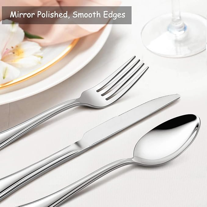 40-Piece Silverware Set, E-far Stainless Steel Flatware Cutlery Set Service for 8, Metal Tableware Eating Utensil Set, Dinner Knives/Forks/Spoons, Scalloped Edge & Mirror Polished - Dishwasher Safe