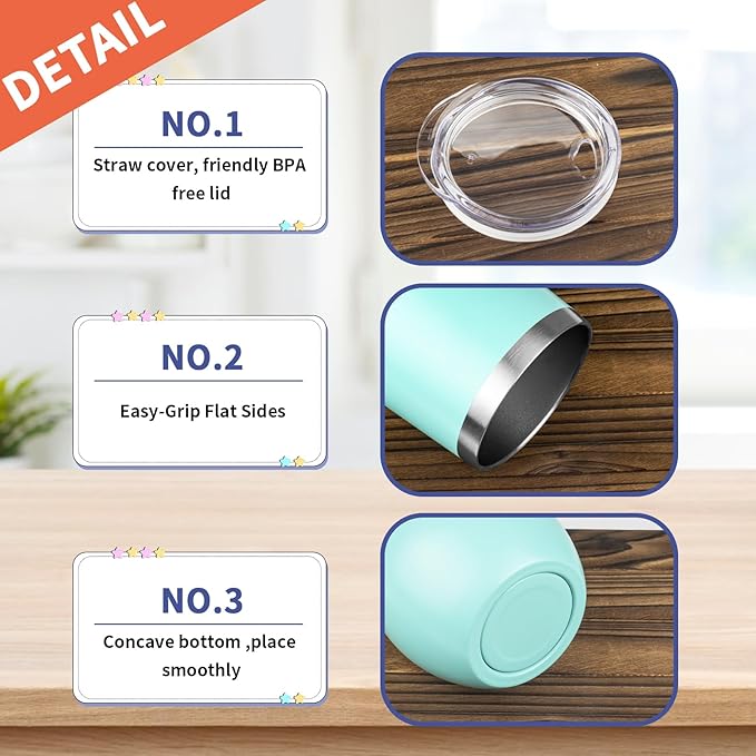 StarSpeed 12oz/8 Pack Wine Tumbler with lid, Stainless Steel Travel Mugs Stemless Double Wall Insulated Coffee Cup, Insulated Wine Glasses Travel Tumbler for Cold & Hot Drinks(Light Green, 8)