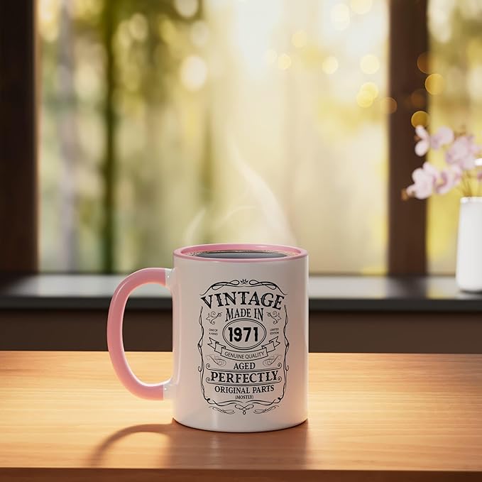 54th birthday, retro Vintage Design, man, woman 1971 Ceramic Mug, Pink/White