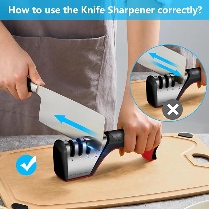 4-in-1 knife sharpener [4 stages], original quality polishing blade, the best kitchen tool for paring knives, steel knives and scissors - including a pair of anti-cutting gloves