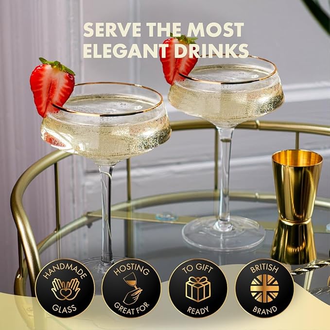 VEMACITY - Deluxe Espresso Martini Glasses Set of 4 | 10oz Coupe Glasses with Gold Rims for Champagne, Cosmopolitans - Includes Gold Jigger, Bar Spoon & eBook - | Ideal for Christmas & New Years