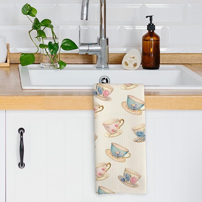 Retro Spring Floral Teacups Kitchen Dish Towels, Elegant Art Tea Party Decor, Coffee Lovers Gifts for Her, Cottage Roses Flower Cups Hand Towels Kitchen Tea Towels Decorations, 16x24inch