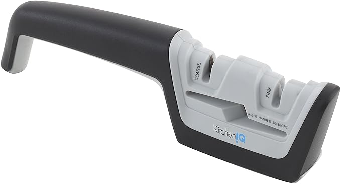 KitchenIQ 50217 Diamond Pull-Thru Knife & Scissor Sharpener – Black/White – Pull-Thru Knife Sharpener – Left & Right-Handed Scissor Sharpener – Coarse & Fine– Straight & Serrated Blades
