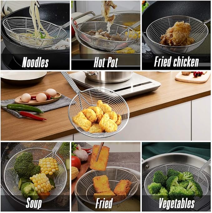 YFWOOD 6.3 Inch Spider Strainer Skimmer, Reinforced Double Coil Wire Skimmer with Large Handle Solid Stainless Steel Strainer Ladle,for Kitchen Deep Frying Food Spaghetti Noodle (1 - Piece)