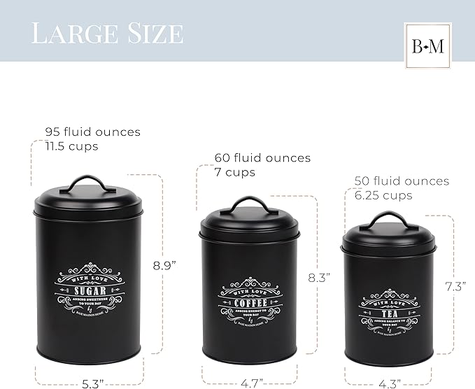 Baie Maison Extra Large Black Farmhouse Bread Box for Kitchen Countertop - Holds 2+ Loaves for All Your Bread Storage with Matching Large Kitchen Canisters Set of 3 - Coffee Tea Sugar Container Set