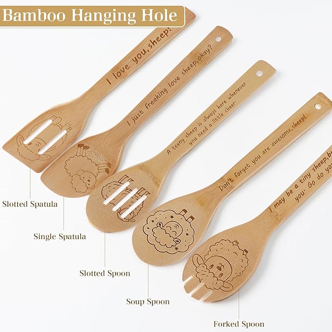 5PCS Sheep Wooden Cooking Spoons Kitchen Decor Sheep Gifts for Women Men Sheep Lovers Birthday Gifts Party Favors Housewarming Wedding Bamboo Cooking Spoons for Everyday Use