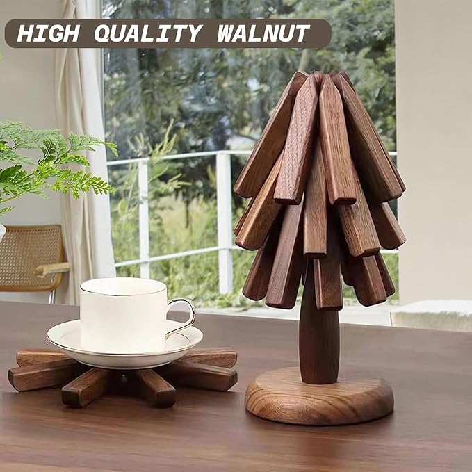 Walnut Wood Kitchen Table Decor Foldable Walnut Wooden Trivet Set 3 Tree Shape Trivets and Stand Heat Resistant Wooden Hot Pads for Hot Dishes Pots Pans Bowls Teapots