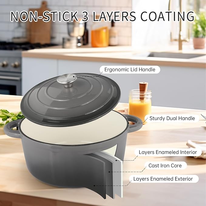 6 Quart Enameled Cast Iron Dutch Oven Pot with Lid, Oven Safe up to 500°F or on Stovetop, Non-stick Dutch Oven for Bread Baking, Cooking, Dual Handles Cookware, Grey