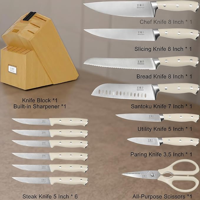 Premium Chef Knife Set High Carbon Stainless Steel Ergonomic Triple Rivet Handle Sharp Knife Set for Kitchen Hundreds of Years of Masterful Craftsmanship(Ivory Pro,15PCS)