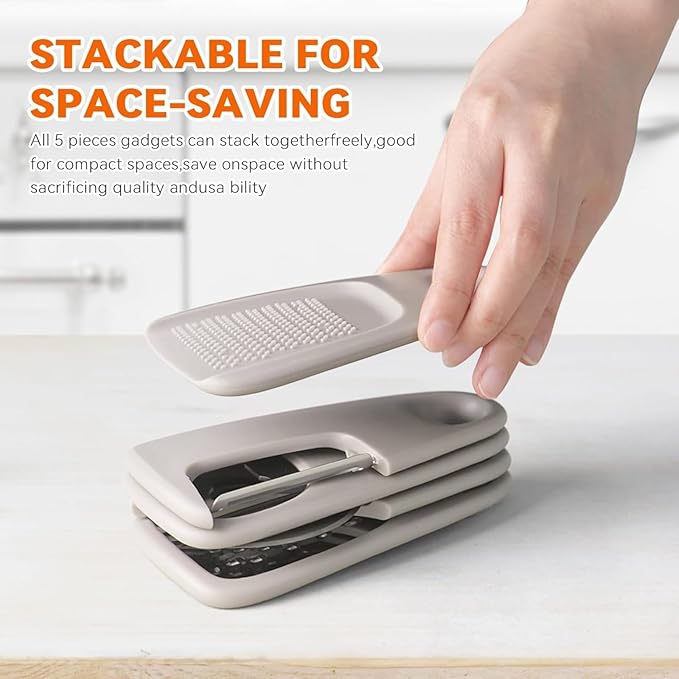 2PC, 5-in-1 Kitchen Gadget Set, Peeler Can Opener Garlic Grater Cake Cheese Shredder, Stackable Cooking Tools for Small Kitchen Space Saving, 5.04 x 1.65 x 2.95 Inches