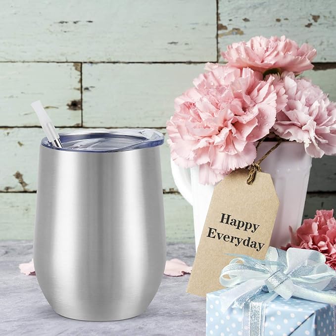 12 Pack Stainless Steel Wine Tumblers, 12Oz Double Wall Vacuum Insulated Wine Tumblers with Lids and Straws, Stainless Steel Stemless Wine Glasses for Coffee, Wine, Cocktails, Champaign, Silver