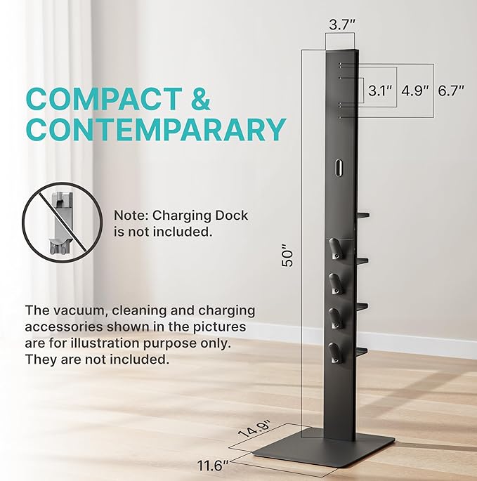Vacuum Cleaner Stand, Compatible with Dyson Gen5 V15 V12 V11 V10 V8 V7 V6, Floor Cordless Vacuums Attachment Holder with 4 Hooks and 4 Shelves, Metal Storage Bracket Organizer, Black