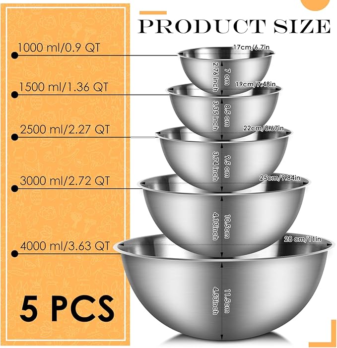 Stainless Steel Mixing Bowls Set of 5, Heavy Duty Stackable Nesting Bowls, Metal Mixing Bowls For Cooking, Prepping, Salad, Serving, Space Saving Kitchen Essentials, No Lids