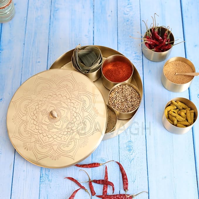 Brass Round Spice Box Masala Dabba-Spice Box Set With Spoon Container 90 ML Indian Masaladanni for Kitchen Counter With Spoon (Floral, 7 Inch)