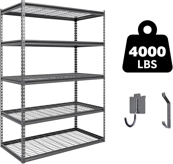 The Atlas 48" W x 24" D x 72" H Adjustable Garage Storage Shelves Load 4000 lbs, 5 Tier Heavy Duty Shelving Unit, Metal Utility Storage Rack for Warehouse Pantry Basement Kitchen, Dark Grey