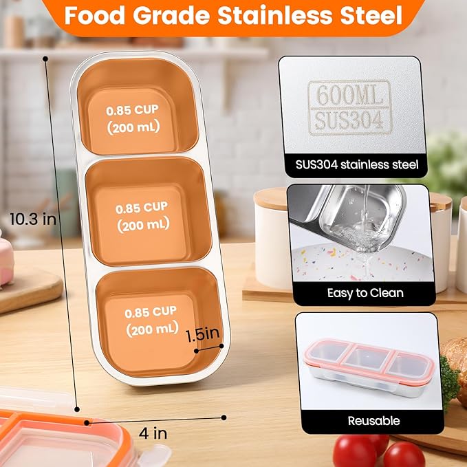 Stainless Steel Snack Containers with Lids, Reusable Condiment Box, 3 Compartment Sauce Cups for Home, Travel