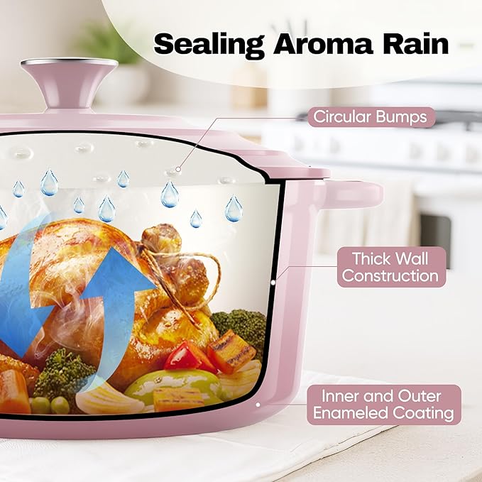 6 Quart Dutch Oven Pot with Lid, Non Stick Enameled Cast Iron Dutch Oven for Bread Baking, Heavy-Duty, Oven Safe Ceramic Cookware Up to 500°F for Baking, Braising, Stews, Roasting, Pink