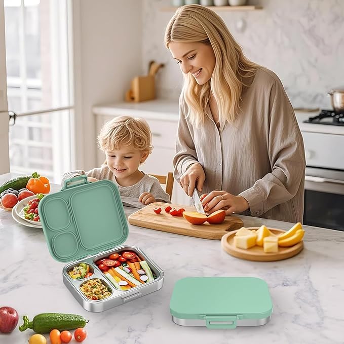 Stainless Steel Lunch Box: Metal Bento Box for Kids Adults - Leak-Proof 3 Compartments,Green