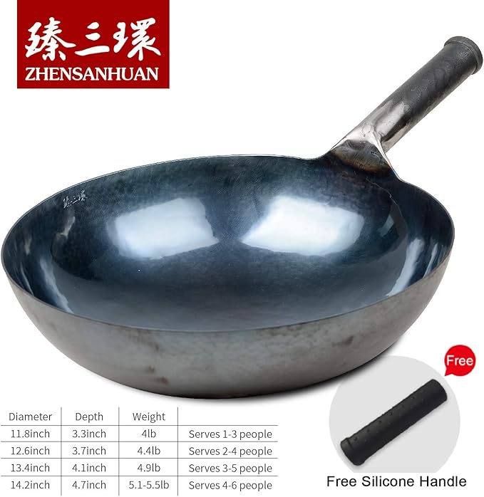 臻三环 ZhenSanHuan Chinese Hand Hammered Iron Woks and Stir Fry Pans, Non-stick, No Coating, Carbon Steel Pow (32CM, Blue Black - Seasoned)