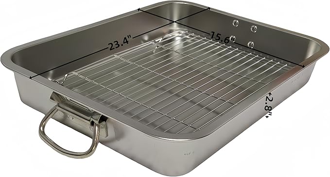 Generic Roasting Pan Stainless steel Roasting pan Turkey Roasting pan with grill Rectangular grill suitable for Turkey, roast chicken and ham (23.4x15.6x2.8in), Silver