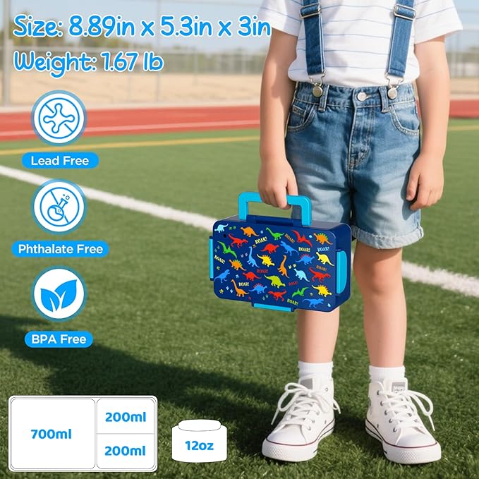 Dinosaur Bento Lunch Box for Kids – 12 oz Stainless‑Steel Soup Thermo & 3‑Compartment Leak‑Proof Food Container with Built‑In Ice Pack, Insulated Food Jar for Boys & Girls, School & Travel
