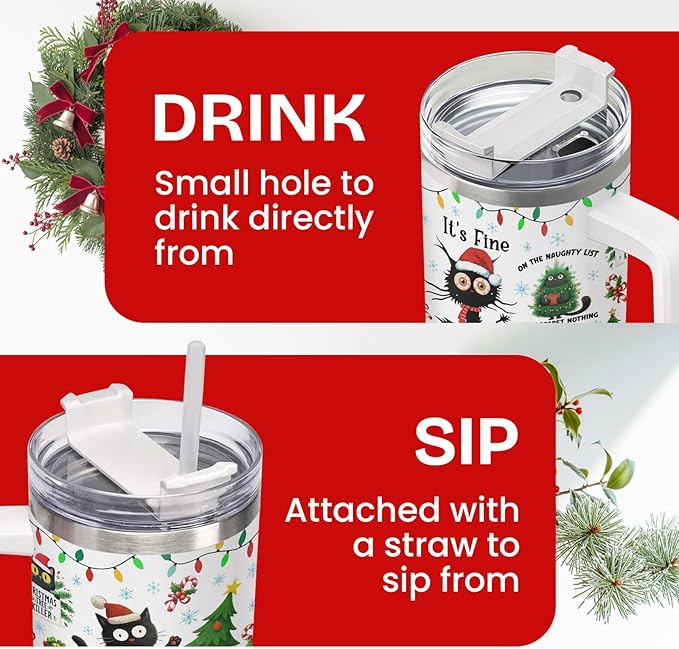 34HD 40oz Funny Christmas Cat Tumbler with Handle – Black Cat Gift, Holiday Travel Mug with Lid & Straw