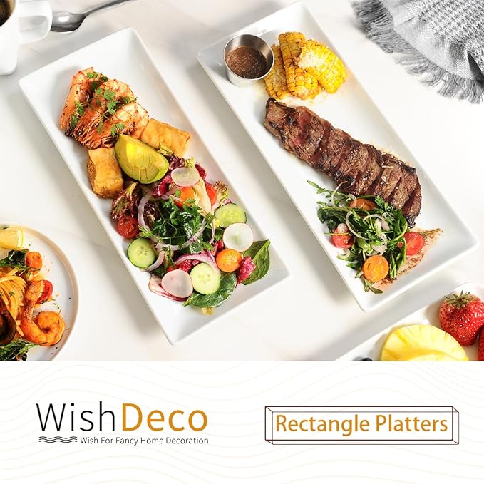 Serving Platters Set of 3, Large Serving Trays 14 inch, White Serving Plates, Ceramic Rectangle Plate, Long Platter for Cake, Sushi, Steak, Dessert, Buffet