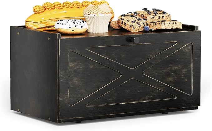 Bamboo Bread Box for Kitchen Counter Farmhouse Bread Storage Container Large Capacity Bread Storage Bin Bread Holder (Antique Back)