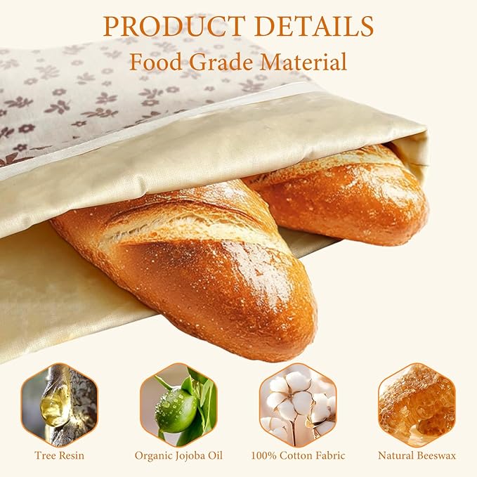 2 Pack Reusable Beeswax Bread Bags for Sourdough,Cotton Beeswax Bag with 10 Pcs Bread Bags for Homemade Bread,Storage Bags for Bread Cookies & Snacks Preservation,Freezer-Safe,Keeping Fresh