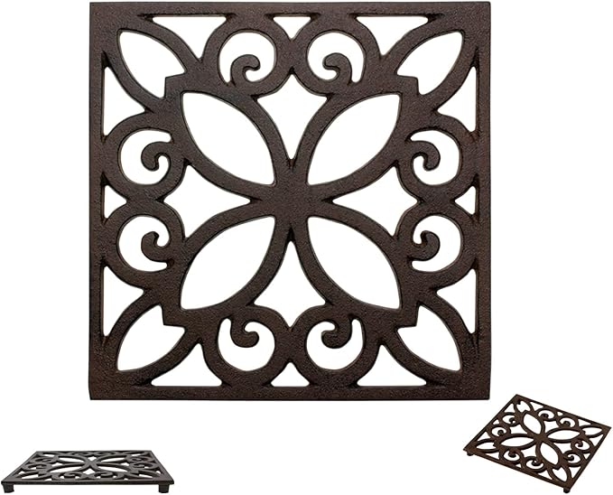 Comfify Decorative Cast Iron Trivet – Square Pattern for Kitchen or Dining Table – 6.5 x 6.5 with Rubber Feet – Recycled Metal – Rustic Design – Rust Brown Color