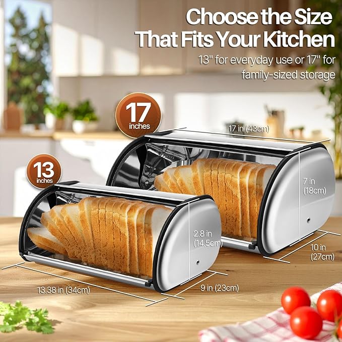 Flexzion Stainless Steel Bread Box For Kitchen Countertop (17 inch) - Kitchen Countertop Metal Bread Storage with Roll Up Lid & Front Window for Restaurant & Homemade Cakes, Buns, Pastries, Pancakes