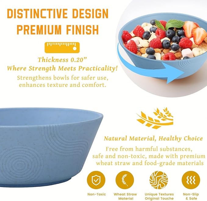 Homienly Wheat Straw Bowls 36 Oz Set of 6 - Unbreakable Microwave Safe Soup Bowls & Cereal Bowl, Reusable Plastic Bowls for Kitchen, Dining, Camping, Party, Dishwasher Safe Ramen Bowl (Sky Blue)