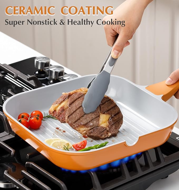 KOCH SYSTEME CS 11 Inch Nonstick Grill Pan for Stove Tops, Square Griddle Pan with Pour Spouts, Grill Pan for Indoor Cooking, Grill Skillet with Bakelite Handle, PTFE & PFOA Free, Orange