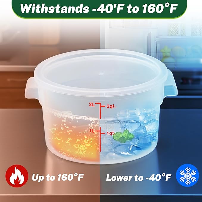 Round Food Storage Container with Lid, 2 Qt Translucent, Commercial 4 Pack of – NSF Listed, BPA-Free, Polypropylene, Non-Stick, Scale, with Labels & Measuring Cups