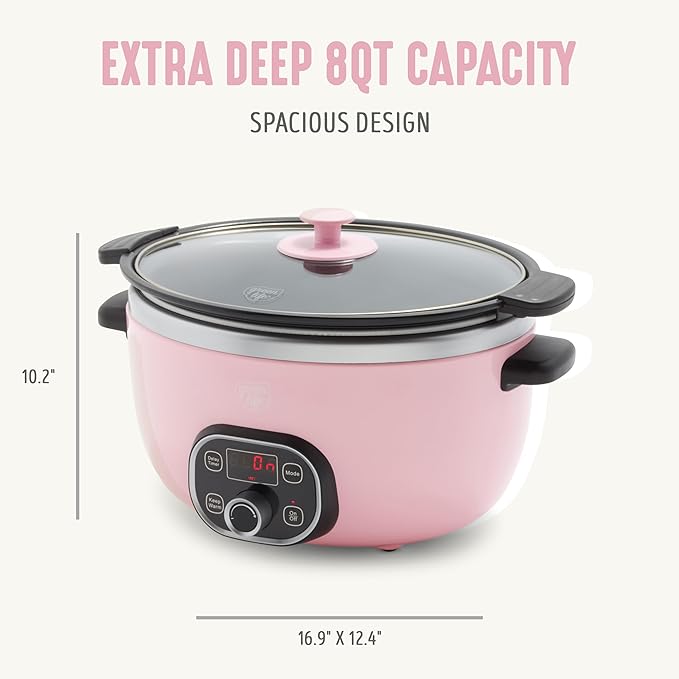 GreenLife 8QT Slow Cooker, Non-Toxic PFAS-Free Ceramic Nonstick Removable Interior Bowl, Programmable, Family Friendly, Keep Warm, Stovetop & Oven Safe, Dishwasher Safe Crock, Timer, Glass Lid, Pink