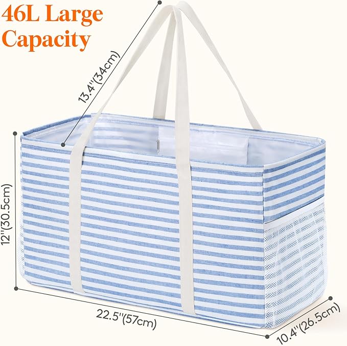 Lifewit Extra Large Tote Bag, Reusable Grocery Bags with Metal Wire Frame and Handles, Standing Utility Foldable Shopping Bags for Storage, Picnics, Beach, Pool, Laundry, Car, Camping, 1 Pack, Blue