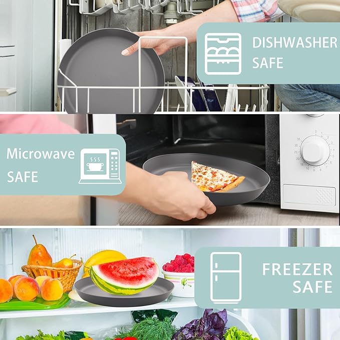 EI 18pcs Dark Grey Wheat Straw Plates Set,Unbreakable Deep Dinner Plates,Reusable Heavy Duty Plastic Plate,Lightweight Salad Plate for Camping,Kitchen,Picninc