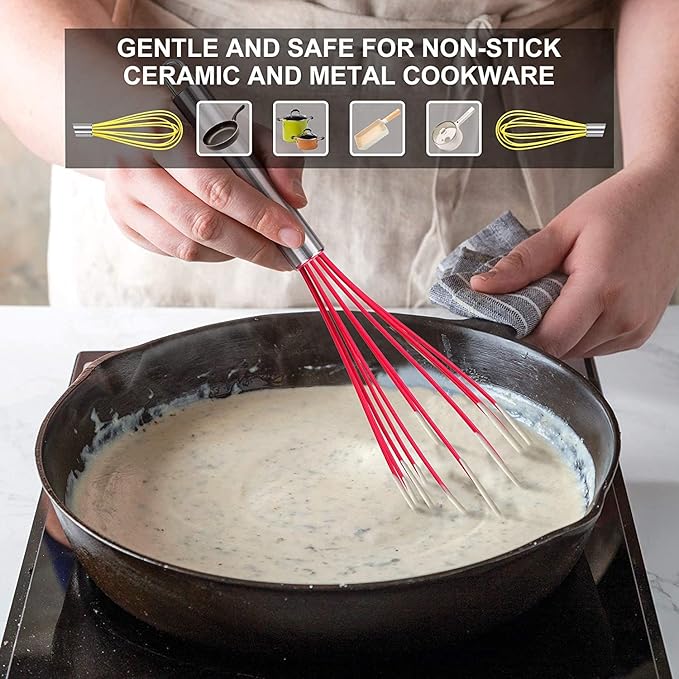 HOTEC 4 Pieces Silicone Whisks Set, Wire Balloon Whisks Egg Beater, Non-slip Handle Whisk for Non-stick Cookware Perfect for Cooking, Stirring, Beating and Blending (Multicolor)