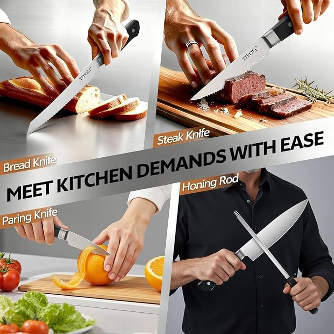TIVOLI Knife Block Set, 15 PCS Kitchen Knife Set with Block & Sharpener Steel & Kitchen Scissor, High Carbon Stainless Steel Cutlery Knife Set, Ergonomic Wood Handle, Gifts For Cooks, Black