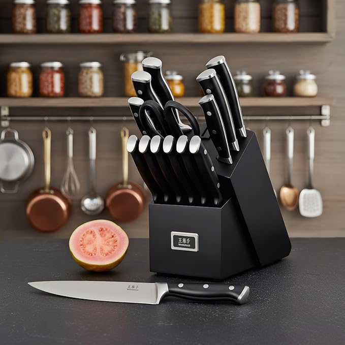 Sharp Knife Set High Carbon Stainless Steel Forged Ergonomic Triple Rivet Handle Sharp Knife Set for Kitchen Hundreds of Years of Masterful Craftsmanship(Black,15PCS)